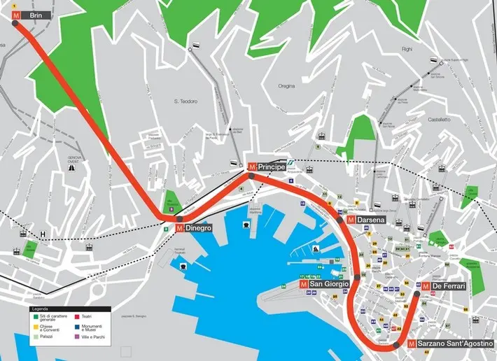 Mappa metropolitana di Genova con elenco stazioni